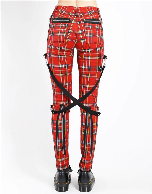 Women's Classic Red Punk Plaid Suspender Chaos Tripp Pants - HalfMoonMusic