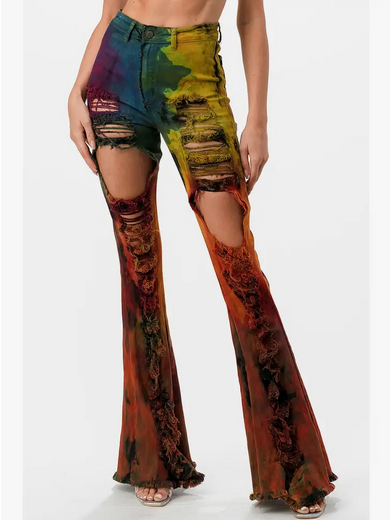 Women's Tie-Dye High Rise Distressed Flare Jeans - HalfMoonMusic
