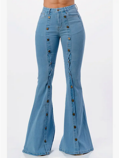 Women's Button Front Flare Denim Jeans - HalfMoonMusic