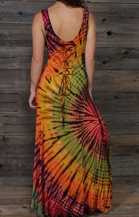 Women's Rayon Spandex Tie-Dye Orange Sunshine Corset Back Maxi Dress - HalfMoonMusic