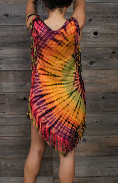 Women's Rayon Spandex Tie-Dye Orange Sunshine Mini Fringe Dress - HalfMoonMusic