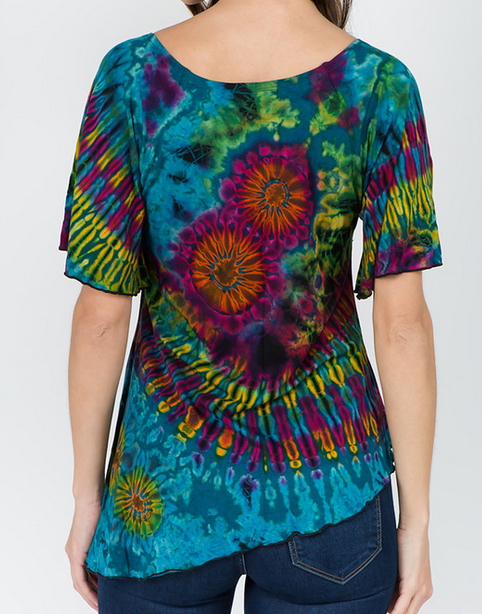 Women's Rayon Spandex Tie-Dye Angle Cut Cap Sleeve Flowy Top - HalfMoonMusic