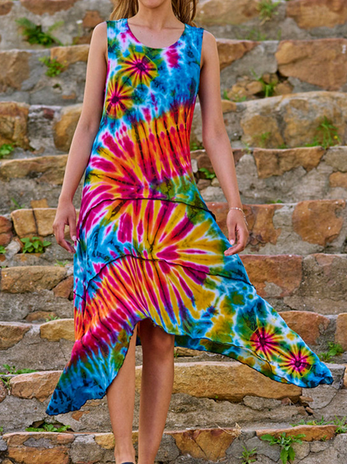Women's Rayon Spandex Tie-Dye Angle Cut Layered Tank Dress - HalfMoonMusic