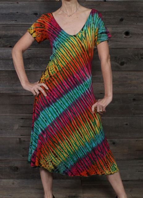 Women's Rayon Spandex Tie-Dye Low-Cut Short Sleeve Spin Dress - HalfMoonMusic