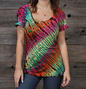 Women's Rayon Spandex Tie-Dye Bright Light Criss-Cross Back Short Sleeve Top - HalfMoonMusic