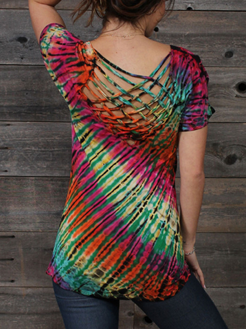 Women's Rayon Spandex Tie-Dye Bright Light Criss-Cross Back Short Sleeve Top - HalfMoonMusic