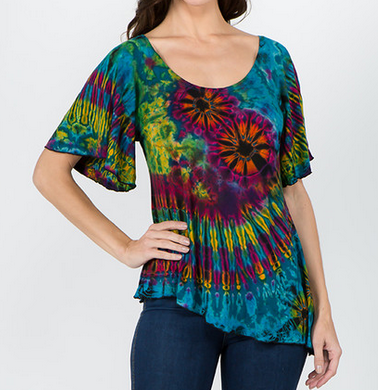 Women's Rayon Spandex Tie-Dye Angle Cut Cap Sleeve Flowy Top - HalfMoonMusic