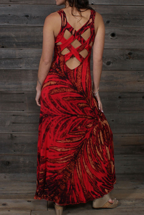 Women's Rayon Spandex Tie-Dye Burning Love Criss-Cross Back Maxi Dress - HalfMoonMusic Women's Rayon Spandex Tie-Dye Burning Love Criss-Cross Back Maxi Dress - HalfMoonMusic