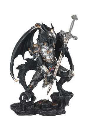 Black/Silver Dragon with Armor & Sword Statue - HalfMoonMusic