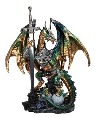Large-scale Green Dragon in Armor with Sword Statue - HalfMoonMusic