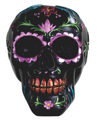 Black Sugar Skull Tatoo in Purple Statue - HalfMoonMusic