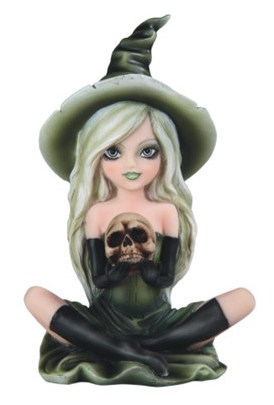 Green Witch Girl with Skull Statue - HalfMoonMusic