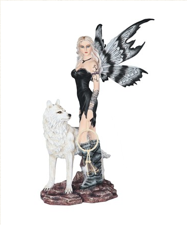 Snow Wolf Dreamcatcher Fairy Statue - HalfMoonMusic