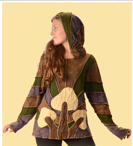 Women's Cotton Stonewash Mushroom Patchwork Hoodie - HalfMoonMusic