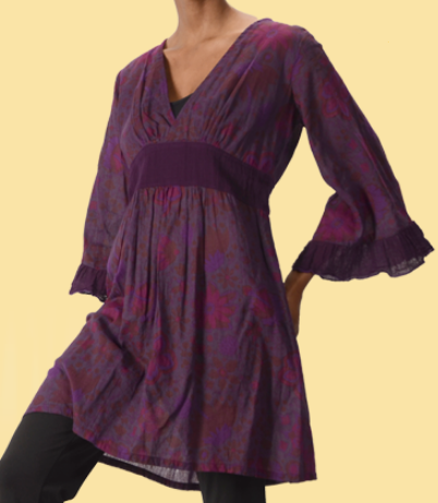 Women's Cotton Funky Print V-Neck Ruffle Sleeve Tunic Dress - HalfMoonMusic
