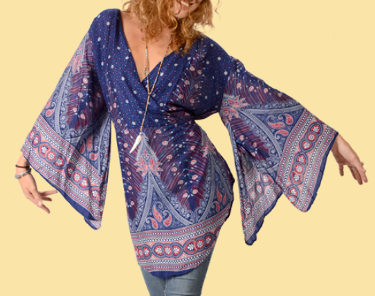 Women's Plumage Parade Feather Print Flare Sleeve Top - HalfMoonMusic