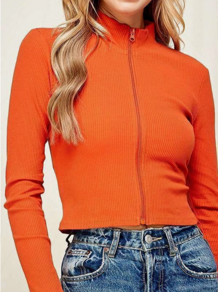 Women's Long Sleeve Zip Up Ribbed Jacket - HalfMoonMusic