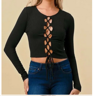 Women's Ribbed Lace Up Long Sleeve Top - HalfMoonMusic