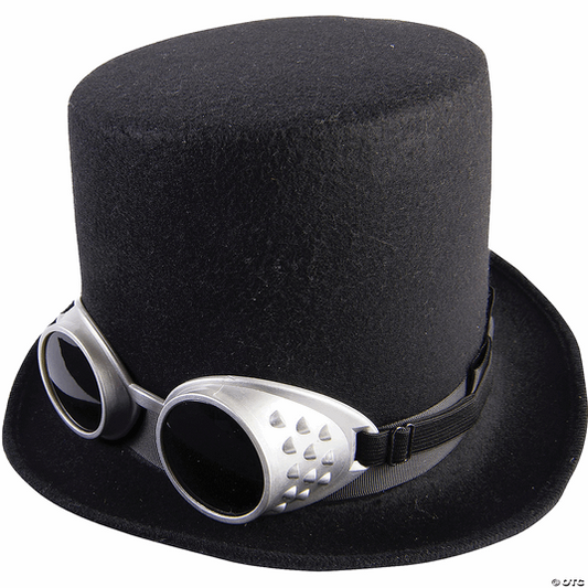 Adult Steampunk Top Hat with Silver Goggles - Halloween Costume Accessory - HalfMoonMusic