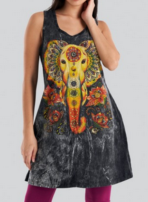 Women's Elephant print stonewash tank dress - HalfMoonMusic