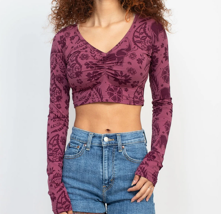 Women's Elephant Print Cinched Front Top - HalfMoonMusic