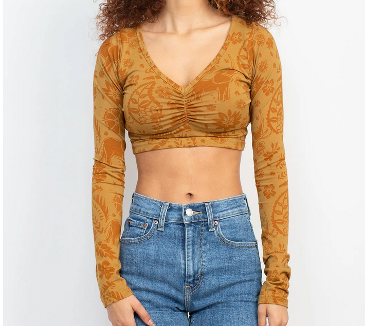 Women's Elephant Print Cinched Front Top - HalfMoonMusic