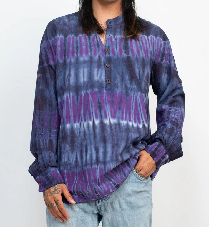 Men's Tiedye Homespun Longsleeve Henley Shirt - HalfMoonMusic