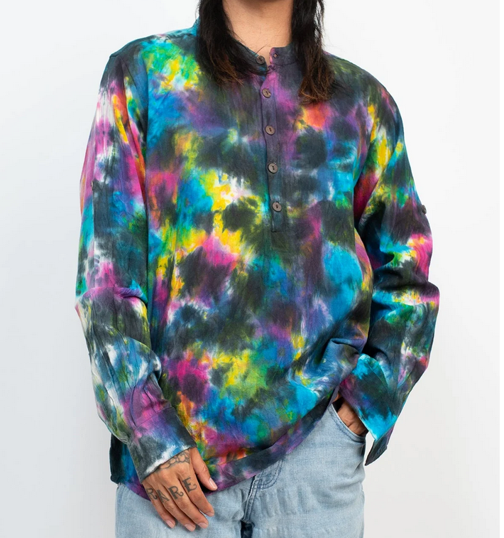 Men's Tiedye Homespun Longsleeve Henley Shirt - HalfMoonMusic