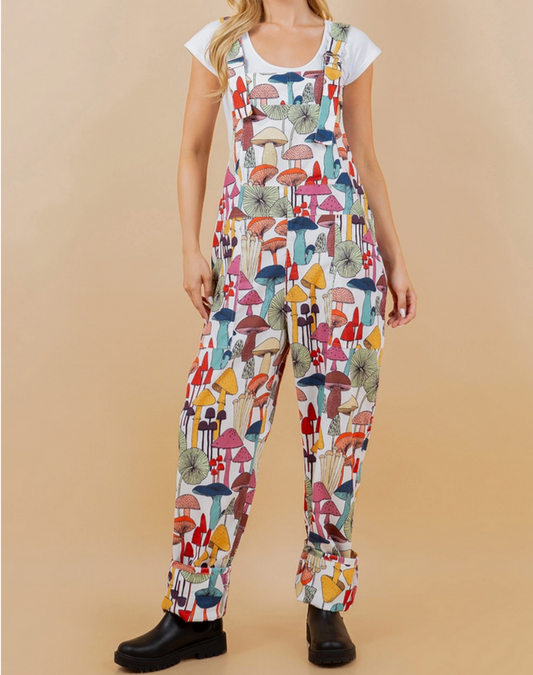 Women's Mushroom Print Overalls - HalfMoonMusic