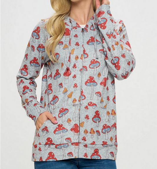 Women's Red Mushroom Print Zipper Hoodie - HalfMoonMusic