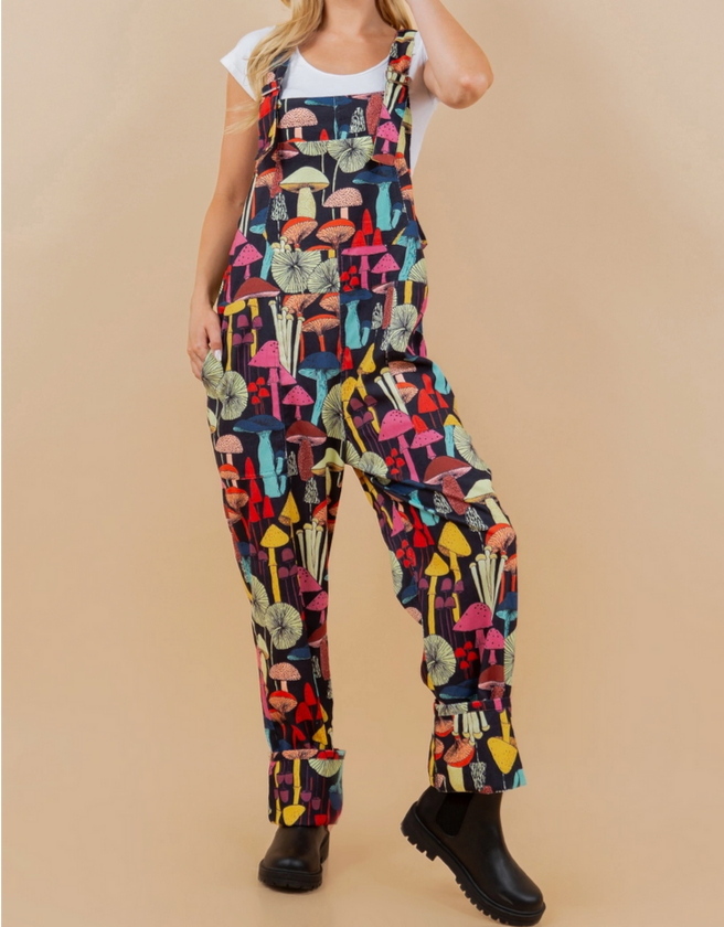 Women's Mushroom Print Overalls - HalfMoonMusic