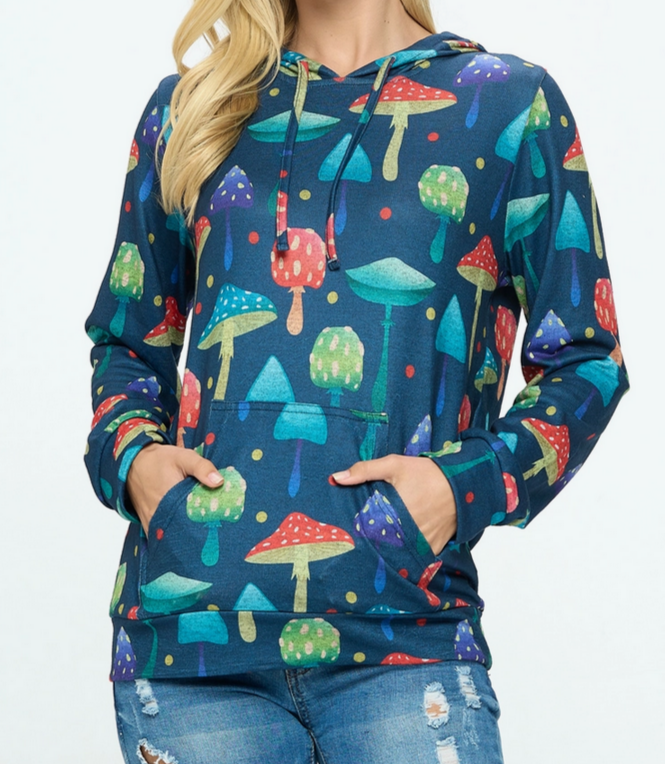 Women's Mushroom Print Hoodie with Pocket - HalfMoonMusic