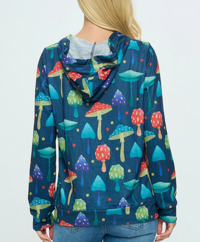 Women's Mushroom Print Hoodie with Pocket - HalfMoonMusic