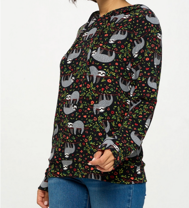 Women's All Over Sloth Print Hoodie with Pocket - HalfMoonMusic