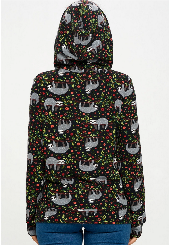 Women's All Over Sloth Print Hoodie with Pocket - HalfMoonMusic