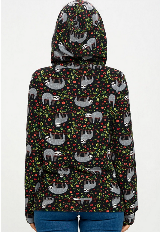 Women's All Over Sloth Print Hoodie with Pocket - HalfMoonMusic