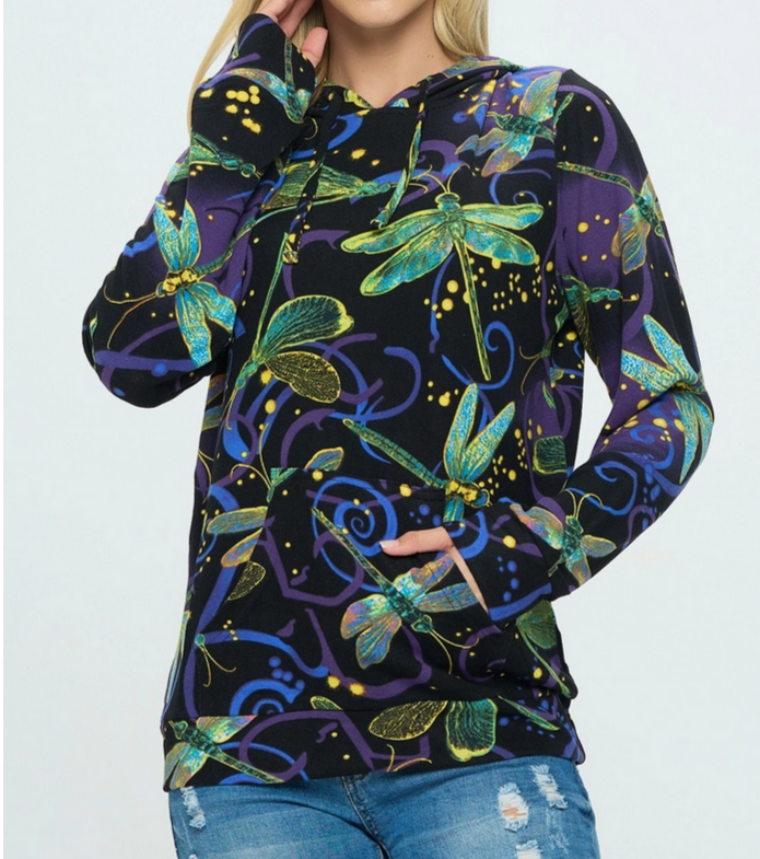 Women's Dragonfly Print  Hoodie with Pocket - HalfMoonMusic