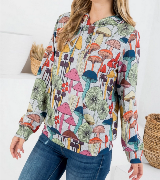 Women's Whimsical Mushroom Print Hoodie - HalfMoonMusic