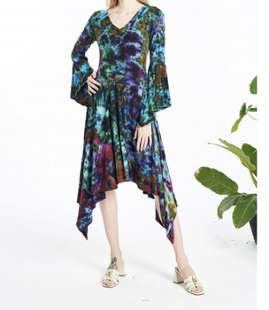 Women's Tie-Dye LS Asymmetric Hem Midi Dress - HalfMoonMusic