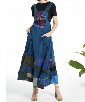 Women's Patchwork Pinafore Dress - HalfMoonMusic
