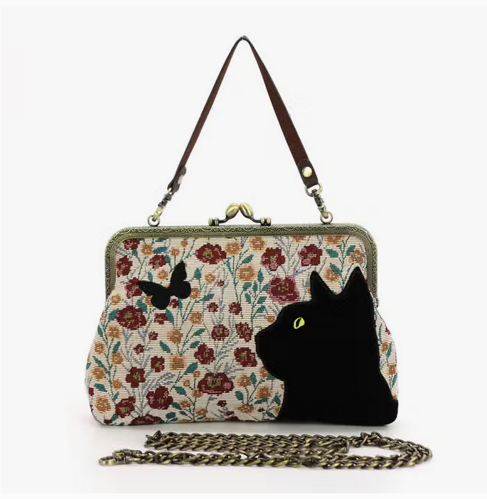 Floral Black Cat Kiss Lock Bag