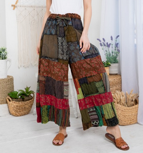 Women's Patchwork Wide Leg Pants with drawstring