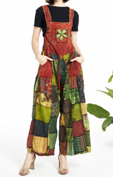 Women's Adjustable Straps Wide-Leg Patchwork Cotton Jumpsuit with chest and side pockets