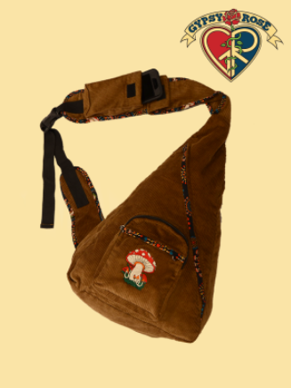 Mushroom Embroidered Corduroy Sling Backpack