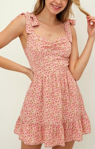 Women's Floral Ruffled Tie-Strap Mini Flounce Dress