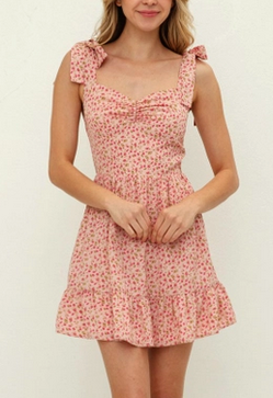 Women's Floral Ruffled Tie-Strap Mini Flounce Dress