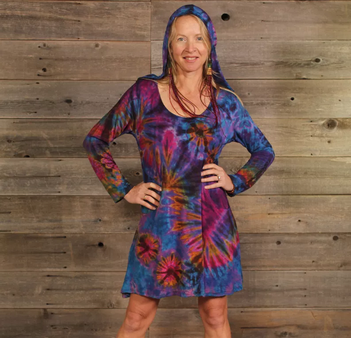 Women's Rayon Spandex Hooded Tie-Dye Dress