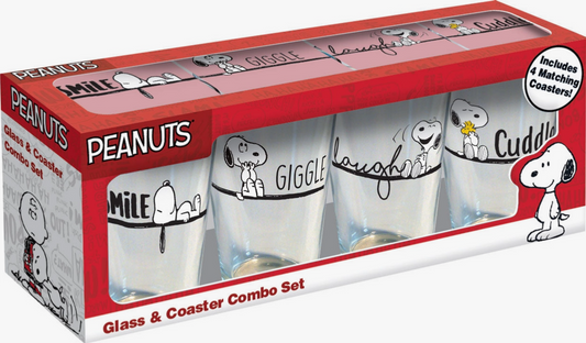 Peanuts "Smile, Giggle, Laugh, Cuddle" 16 oz Glass & Coaster Combo