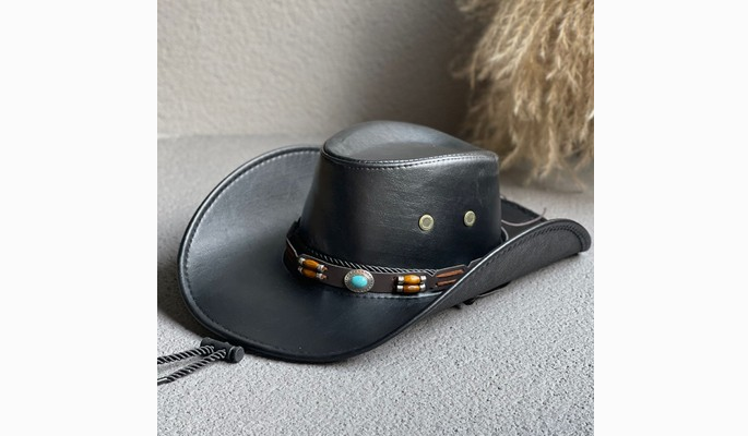PU Leather Cowboy Cap w/ Turqouise Trim
