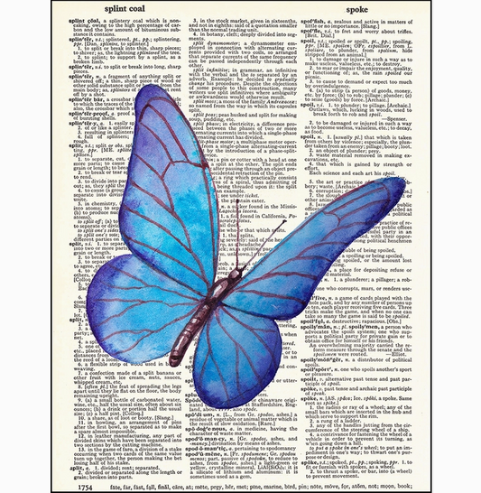 Blue Butterfly Watercolor Dictionary Page Art Print